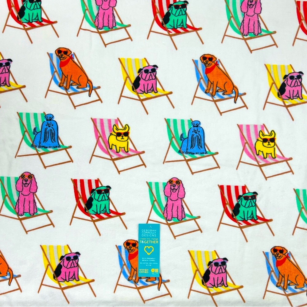 PETS  - Deborah Connolly - ‘Beach Chair Dogs’ Beach Towel. NWT Firm!
